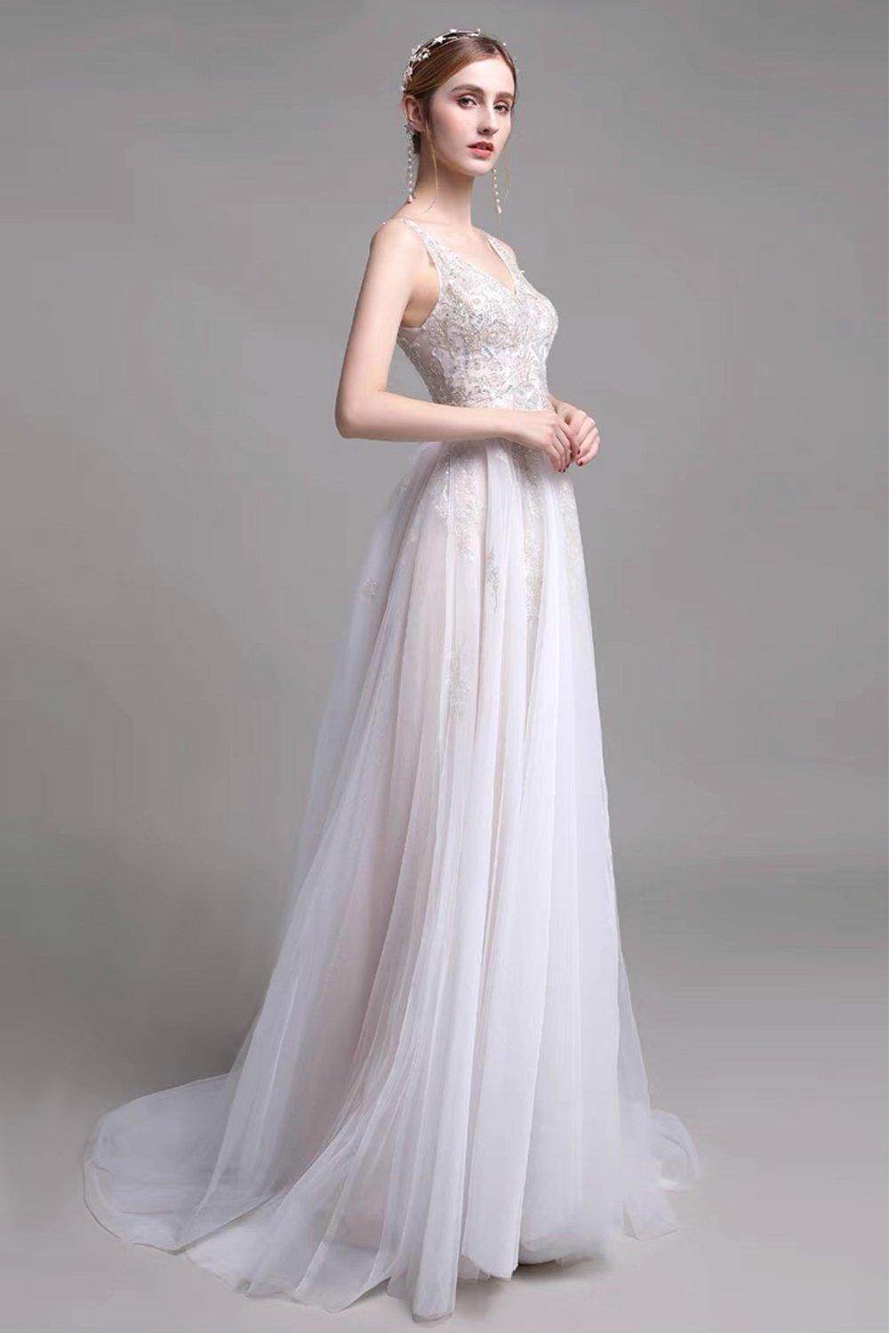 A-Line Sweep-Brush Train Lace Wedding Dress CW2957 - COCOMELODY